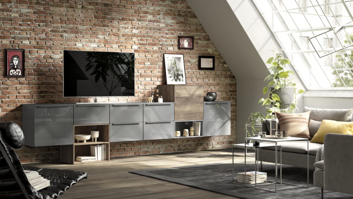 agencement meuble TV casiers gris