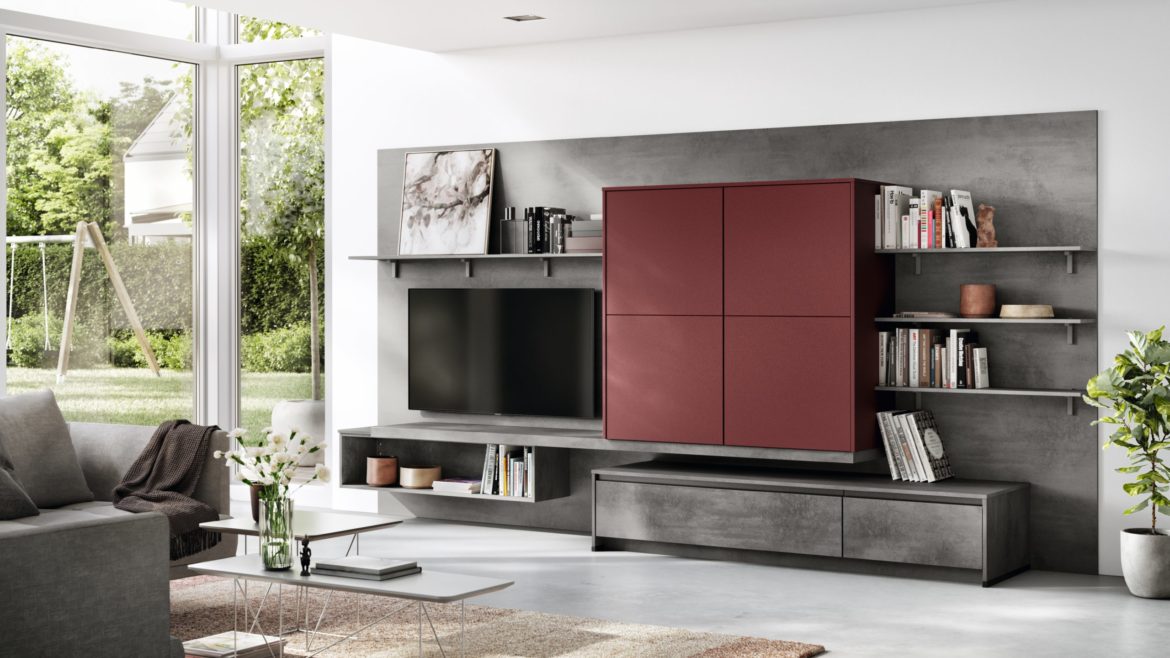 Meuble TV salon sur mesure gris bordeau